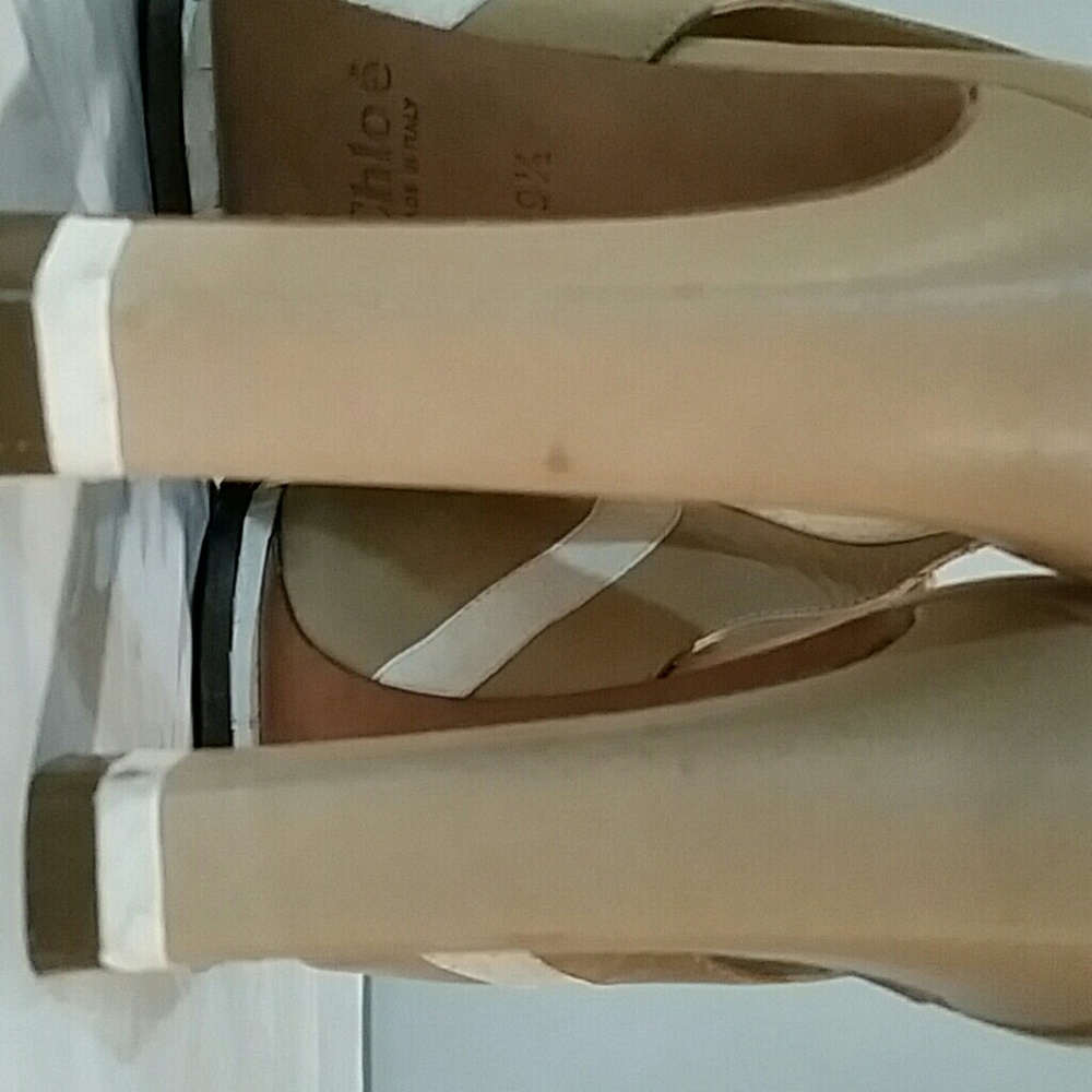 Chloe Tan and White Snake Print Sling Back Heels - Picture 6 of 8